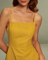 Yellow Square Neck Shirred Slip Midi Dress