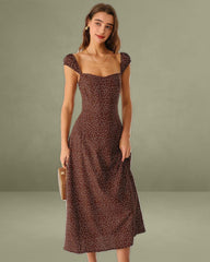 Brown Polka Dot Cap Sleeve Midi Dress