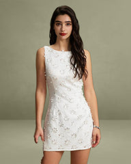 White Textured Boat Neck Sleeveless Mini Dress