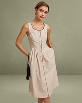 The Khaki Round Neck A-Line Midi Dress