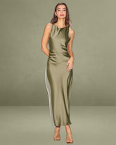 Green Satin Boat Neck Slip Midi Dress