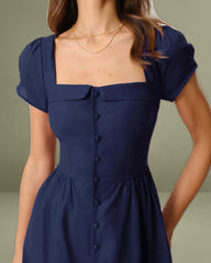 Navy Square Neck Short Sleeves A-Line Midi Dress