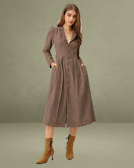 Brown A-Line Pleated Midi Dress