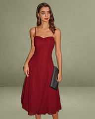 Red A-Line Corset Midi Slip Dress