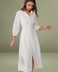 White A-Line Button Midi Dress