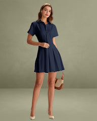 Navy Button Pleated Mini Dress