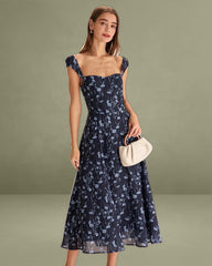 Navy Floral Sweetheart Neck Midi Dress