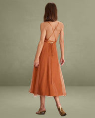 Caramel Mesh Flowy Slip Midi Dress