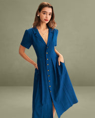 Blue V Neck Pleated Button Midi Dress