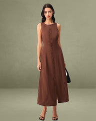 Brown Round Neck Button Sleeveless Maxi Dress
