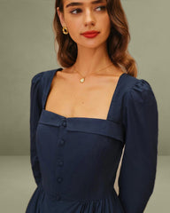 Navy Square Neck A-Line Midi Dress