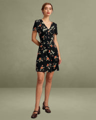 Black V-Neck Floral Button-Up Mini Dress