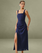 Navy Ruched Slit Slip Maxi Dress