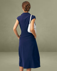 The Navy V Neck Button Cap Sleeve Midi Dress