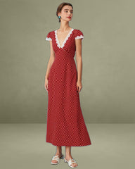 The Red V Neck Polka Dot Lace Ruched Maxi Dress