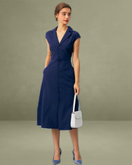 The Navy V Neck Button Cap Sleeve Midi Dress