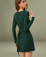 Green A-Line Long Sleeve Mini Dress