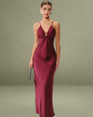 Wine Red Ruched V Neck Slip Maxi Dress