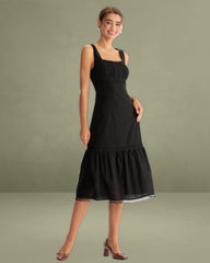 Black Square Neck Ruched Slip Midi Dress