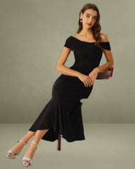 Black One-Shoulder A-Line Midi Dress