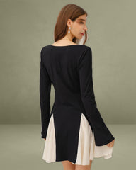 Black Contrasting Bell Sleeve Mini Dress