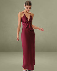Wine Red Ruched V Neck Slip Maxi Dress