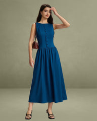 Blue Boat Neck Button Pocket Midi Dress