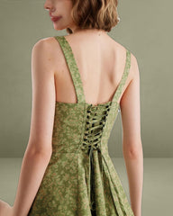 Green Floral Ruched Mini Slip Dress