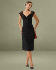 Black V Neck Mesh Midi Dress