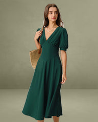 Green V Neck Ruched Midi Dress