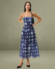 Blue Floral Ruched Bohemian Slip Maxi Dress