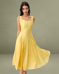 Yellow Square Neck Pleated Slip Midi Dress