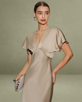 Apricot Satin V-Neck A-Line Midi Dress
