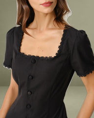 Black Square Neck Button Mini Dress