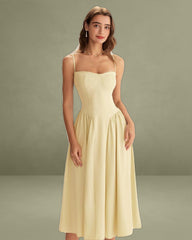 Yellow Square Neck Pocket Slip Midi Dress