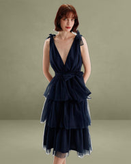 Navy Tiered Backless Floor-Length Dress