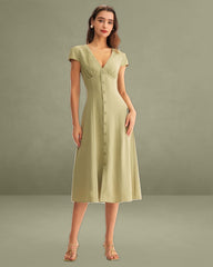 Green V-Neck Button Midi Dress