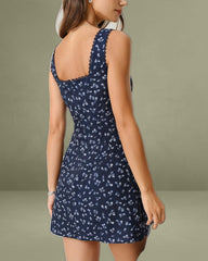 Navy Floral Square Neck Slip Mini Dress
