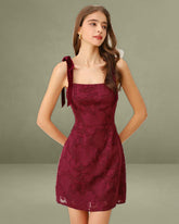Wine Red Floral Tie Strap Mini Dress