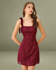 Wine Red Floral Tie Strap Mini Dress