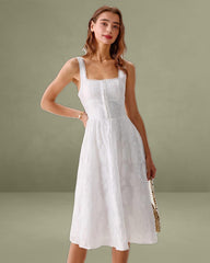 White Jacquard Shirred Slip Midi Dress