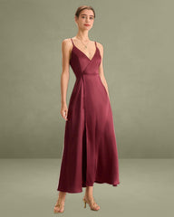 Red Satin Slit Maxi Dress