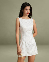 White Textured Boat Neck Sleeveless Mini Dress