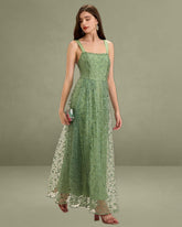 Women's Green Embroidery Mesh Slip Maxi Dress