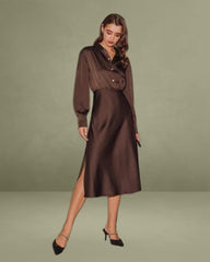 Coffee Ruched Button Mid-length Dress