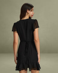 Black V Neck Chiffon Mini Dress