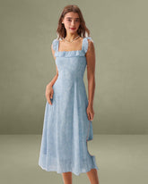 Blue Square Neck Ruffle Midi Dress