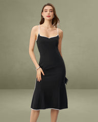 Black Contrast Sweetheart Neck Slip Midi Dress