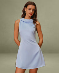 Blue Satin Cowl Neck Backless Short Dress