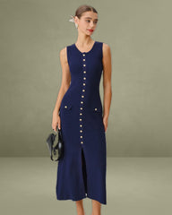 Blue U Neck Sleeveless Sweater Dress